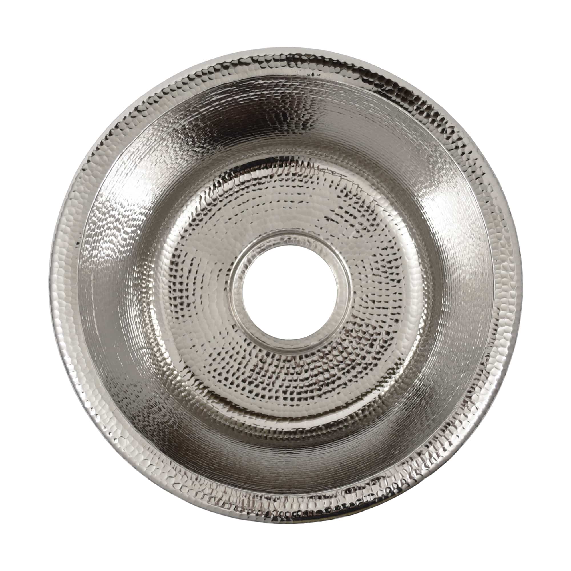 Polished nickel round sink with concentric hammered texture rings and center drain opening, viewed from above.