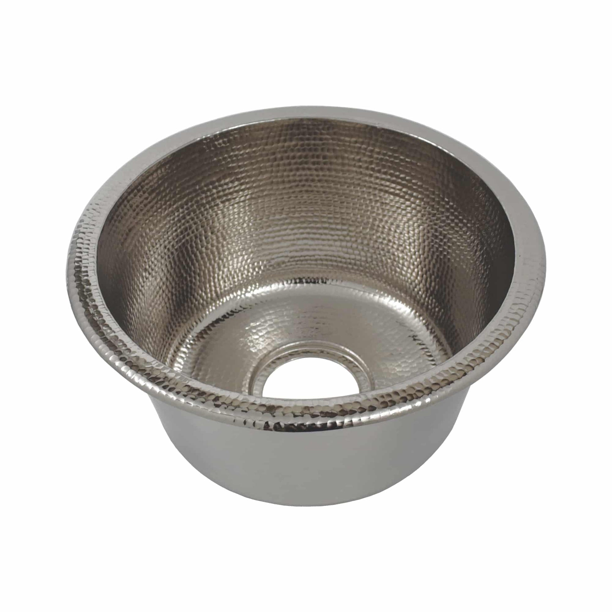 Polished nickel round sink bowl with hammered interior texture and decorative rim detail.
