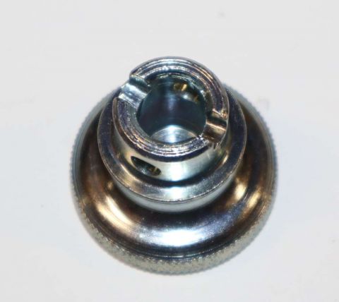 Metal spherical knob with central threaded post and textured base ring.