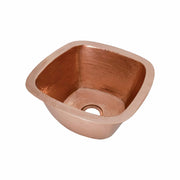 Polished copper square undermount sink with hammered interior texture and drain opening.