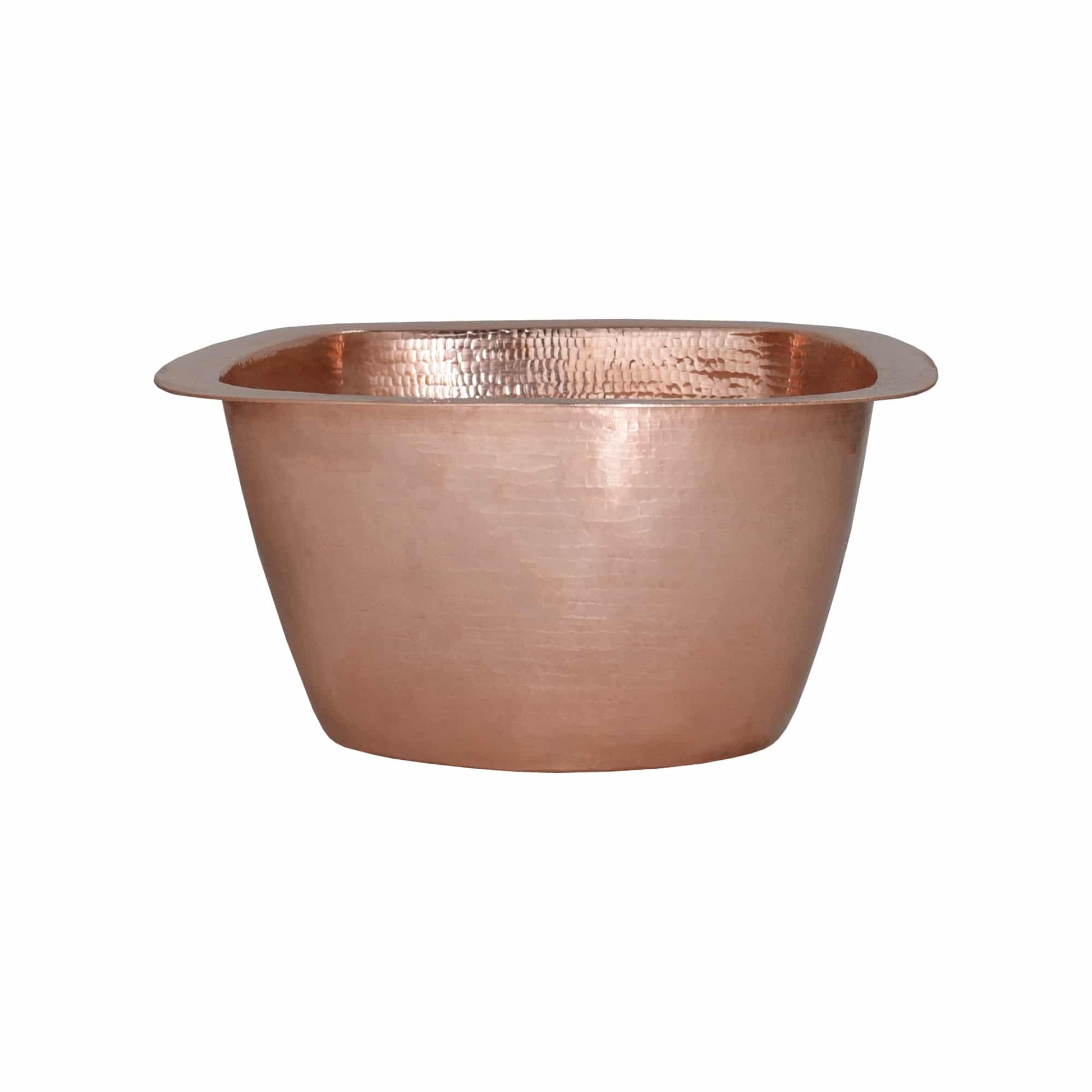 Polished copper oval basin with hammered interior texture and rolled rim edges.