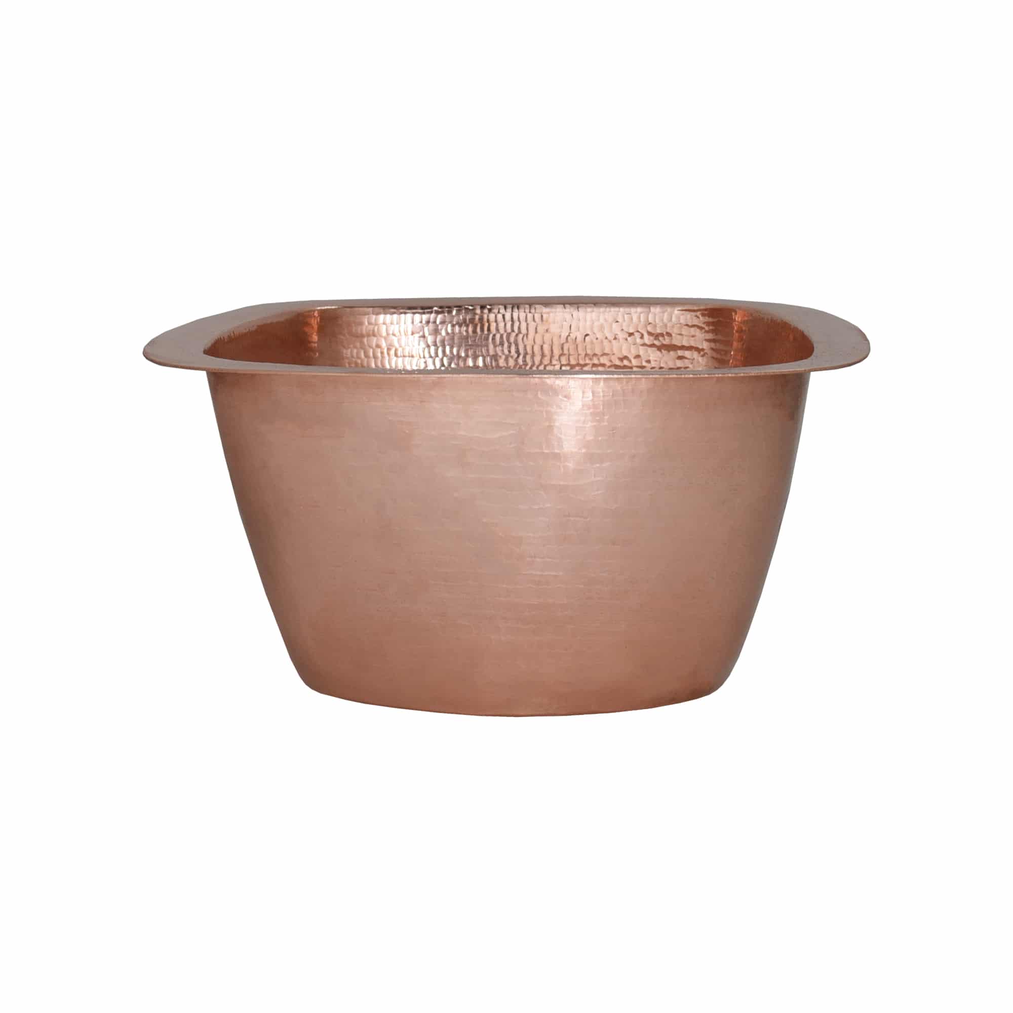 Polished copper oval basin with hammered interior texture and rolled rim edges.