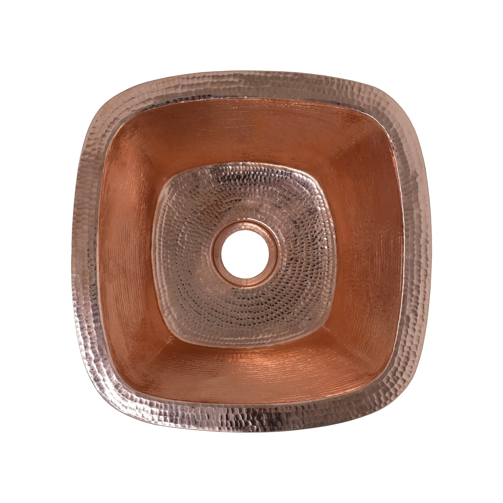 Polished copper square sink with hammered exterior and rounded interior basin, viewed from above.