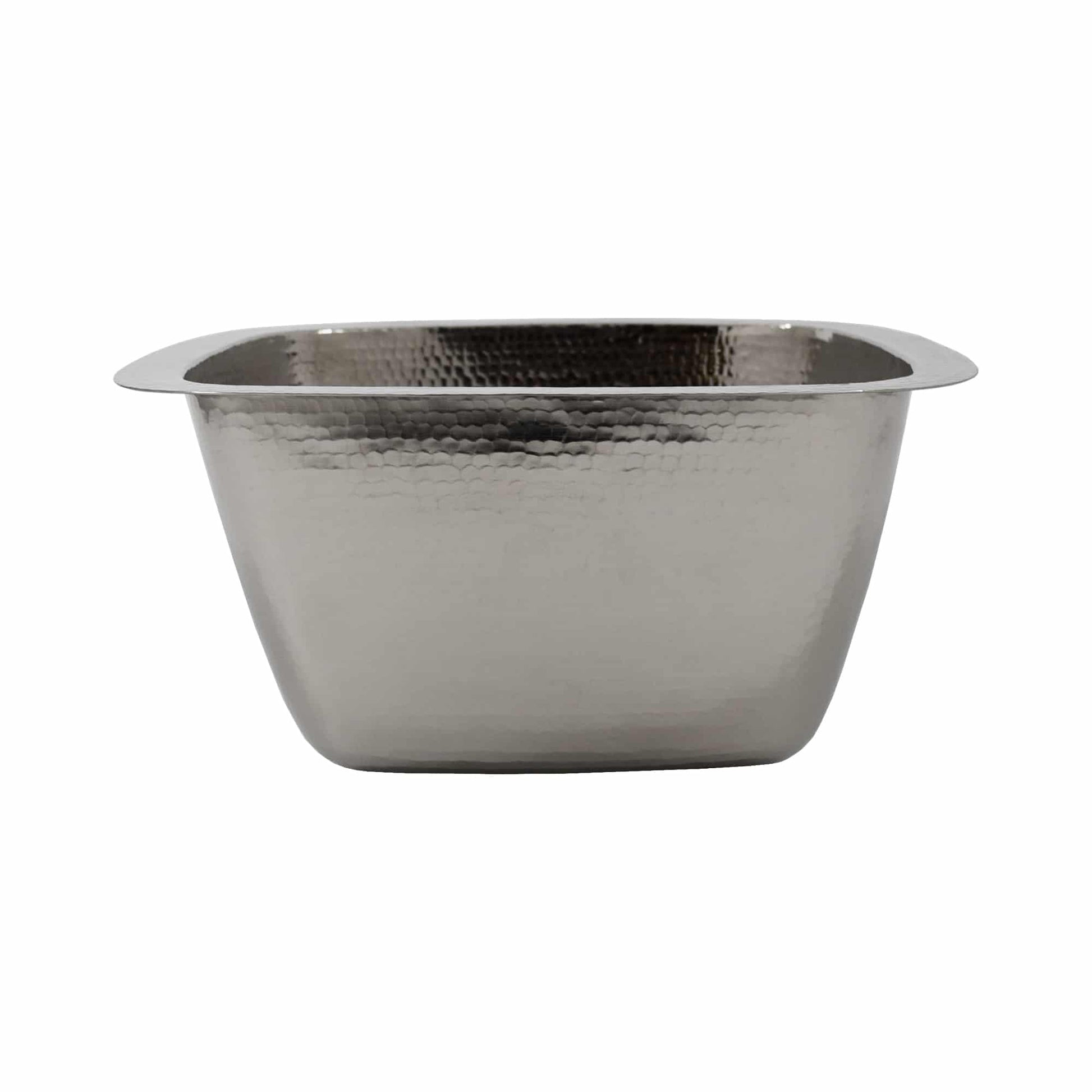 Polished nickel rectangular sink with hammered interior texture and rolled rim edges.