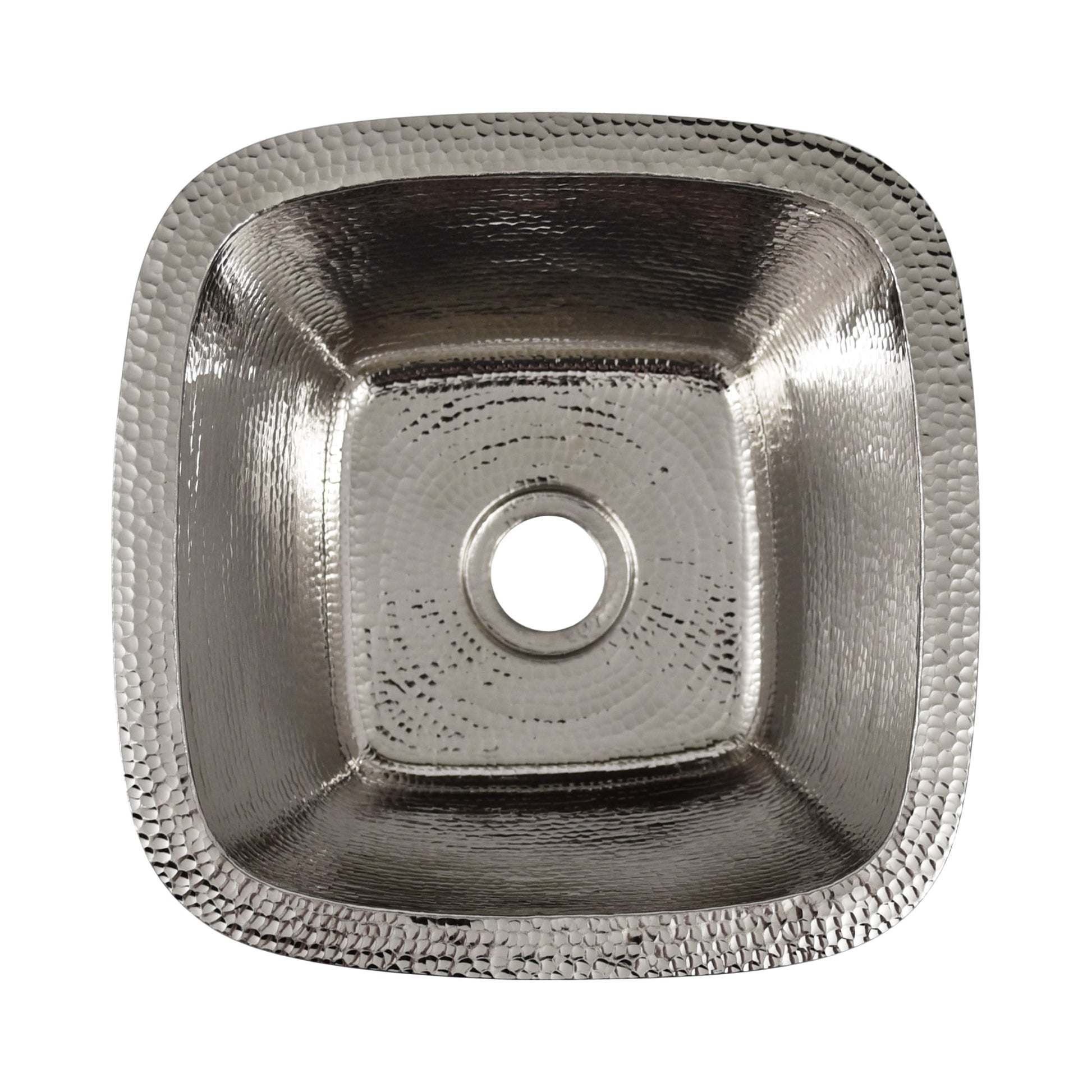 Polished nickel square undermount sink with hammered interior and textured exterior rim, viewed from above.