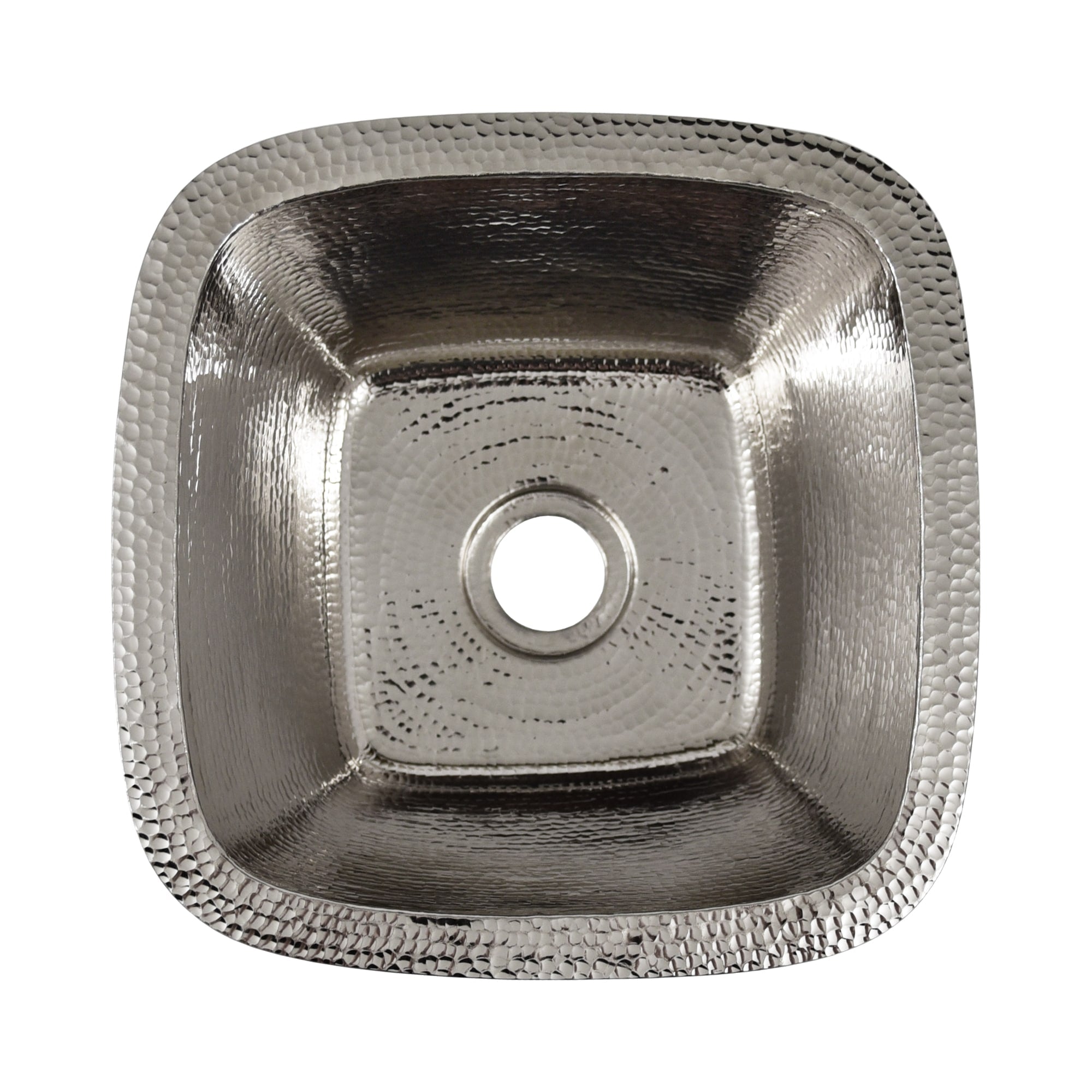 Polished nickel square undermount sink with hammered interior and textured exterior rim, viewed from above.