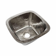 Polished nickel square undermount sink with hammered texture interior and single drain opening.