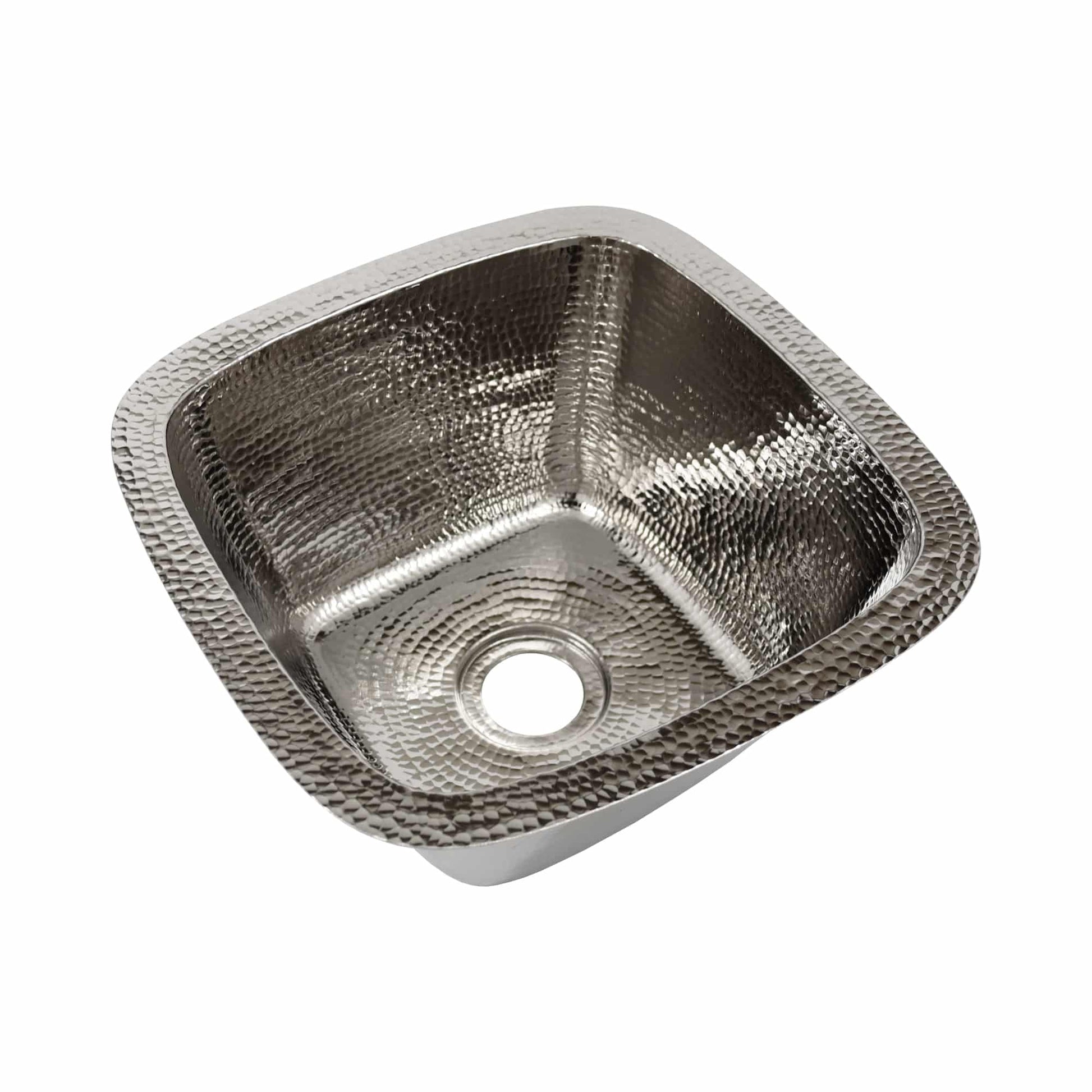 Polished nickel square undermount sink with hammered texture interior and single drain opening.