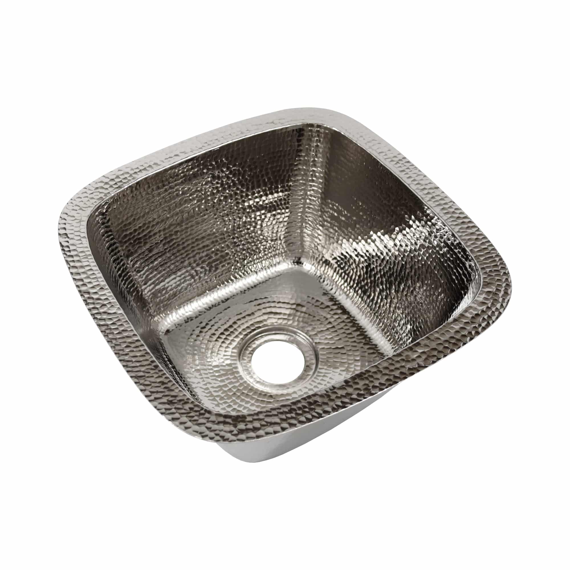 Polished nickel square undermount sink with hammered texture interior and single drain opening.