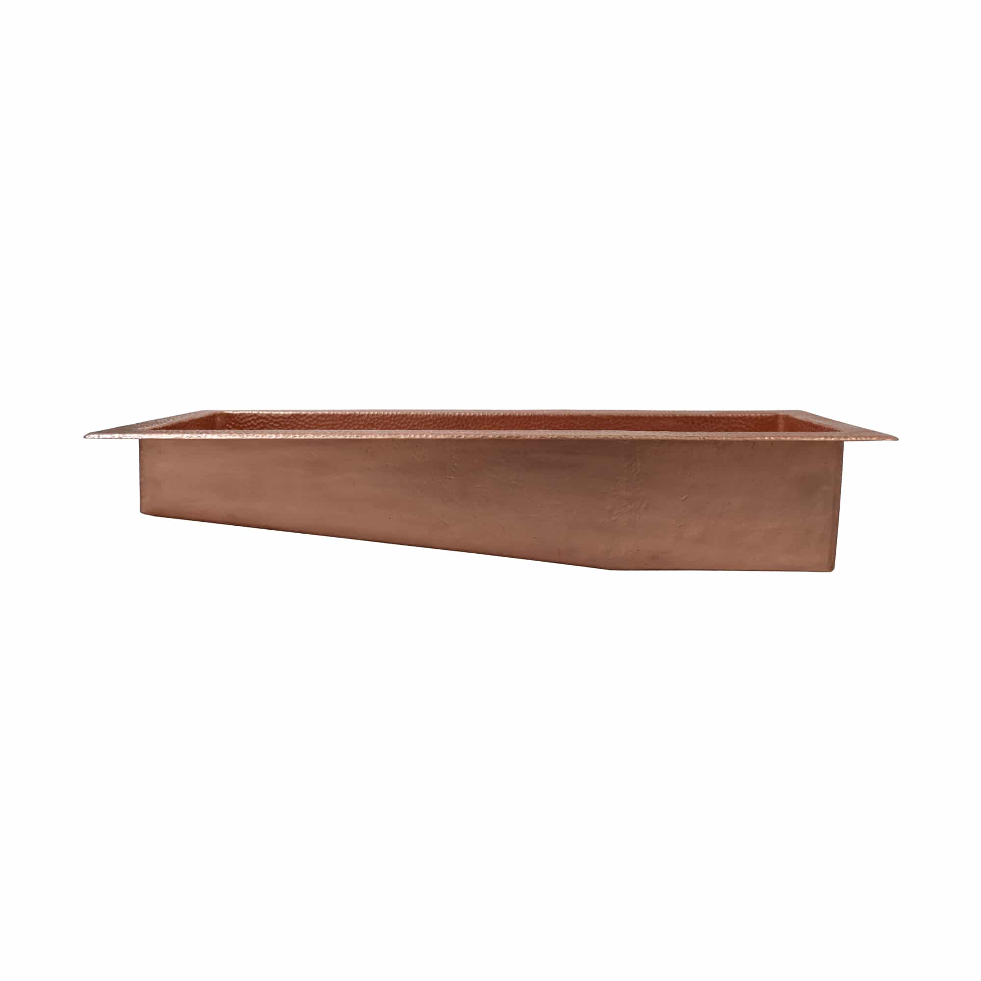 Polished copper rectangular bath sink with sloped sides and tapered edges, shown in profile view.