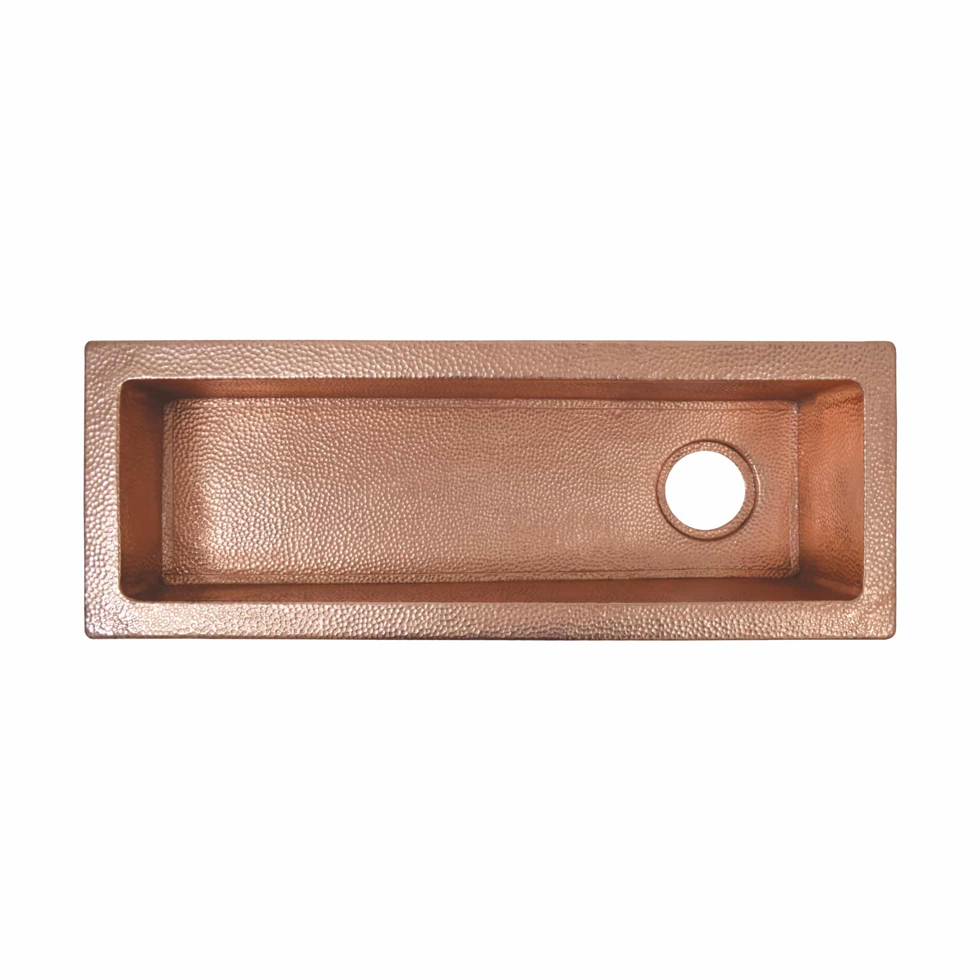 Polished copper rectangular sink with hammered texture and single drain hole, viewed from above.
