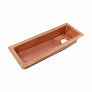 Polished copper rectangular sink with hammered texture and single drain hole on right side.