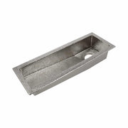 Polished nickel rectangular sink with hammered interior surface and single drain hole.