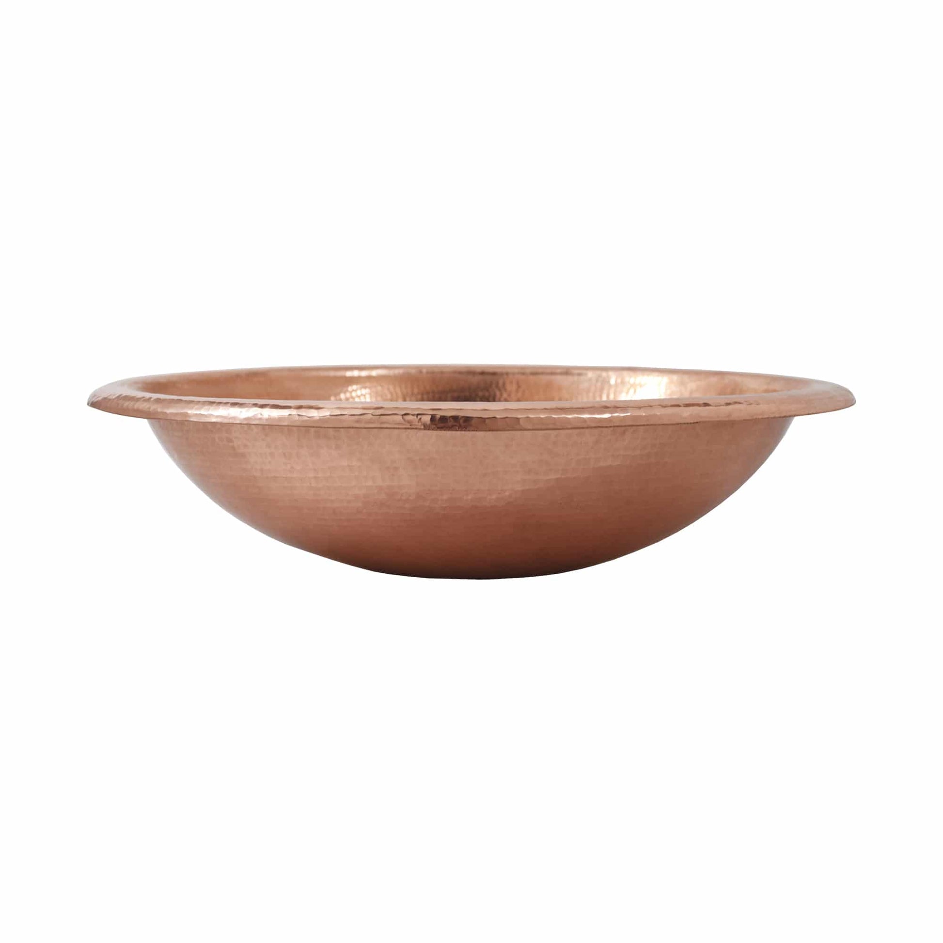 Polished copper vessel sink with rolled rim and shallow bowl shape.