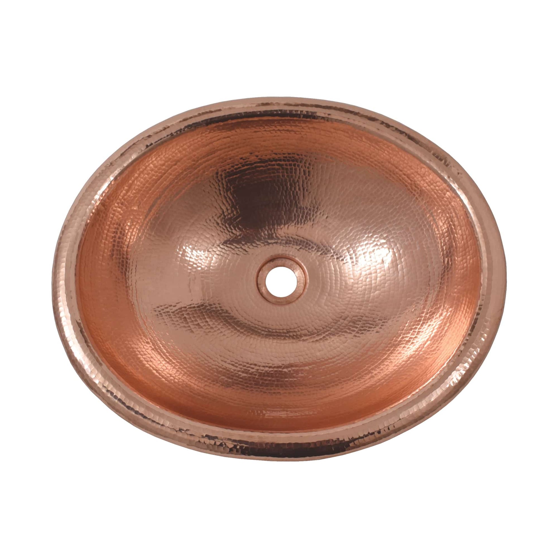 Polished copper oval sink with hammered texture finish and center drain opening, viewed from above.