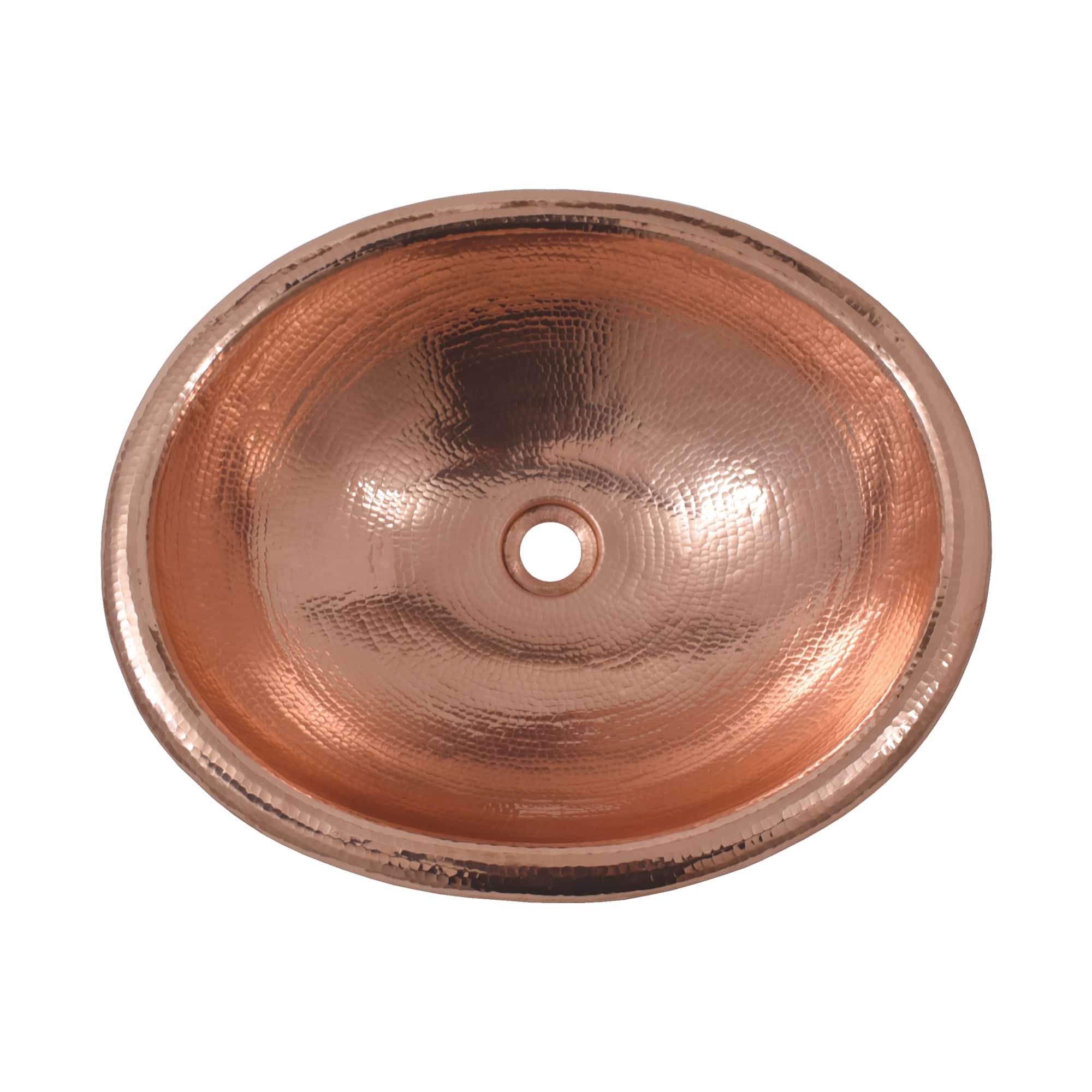 Polished copper oval sink with hammered texture finish and center drain opening, viewed from above.