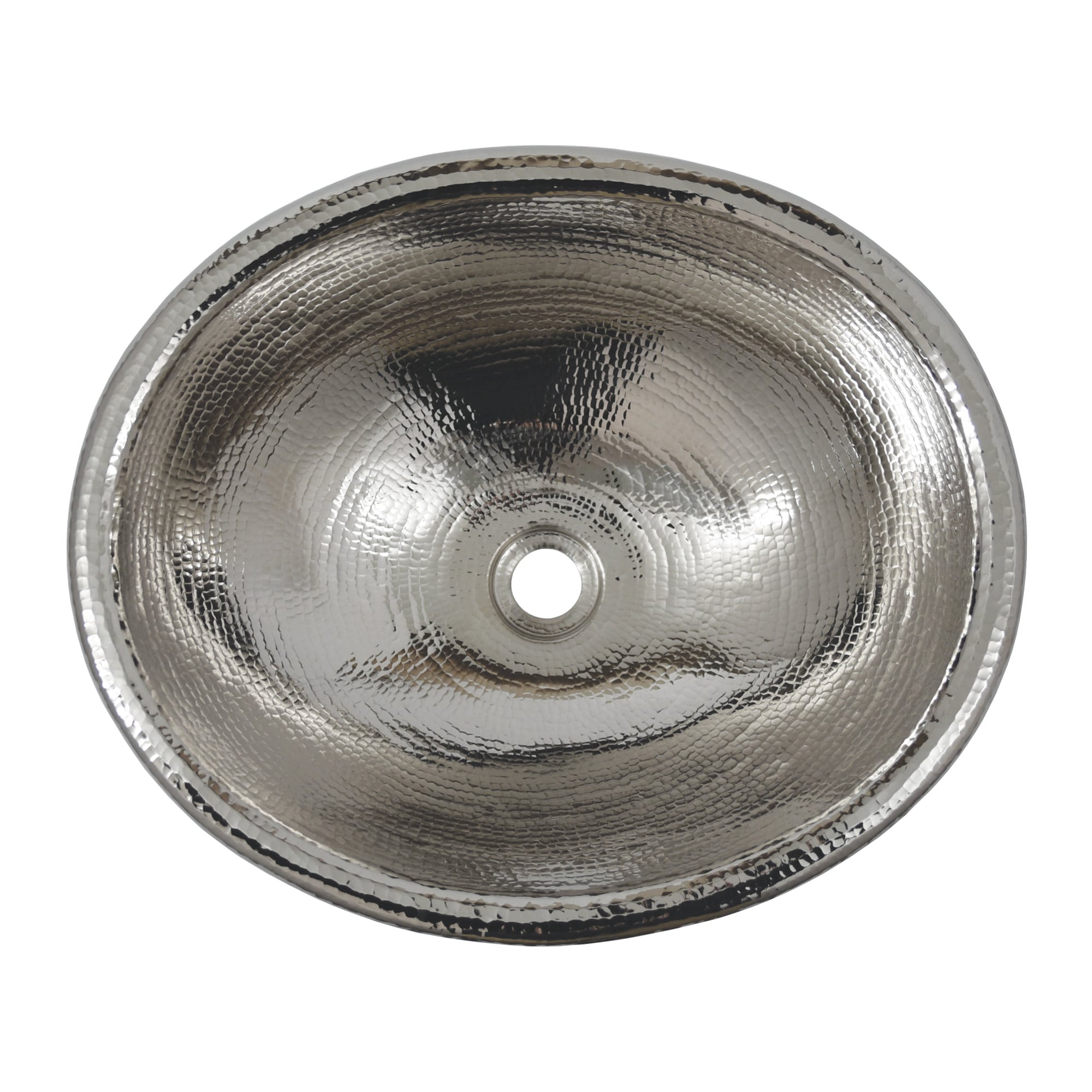 Polished nickel round sink with hammered texture interior and center drain hole, viewed from above.