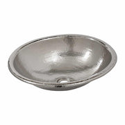 Polished nickel oval vessel sink with hammered texture and rolled rim edge.
