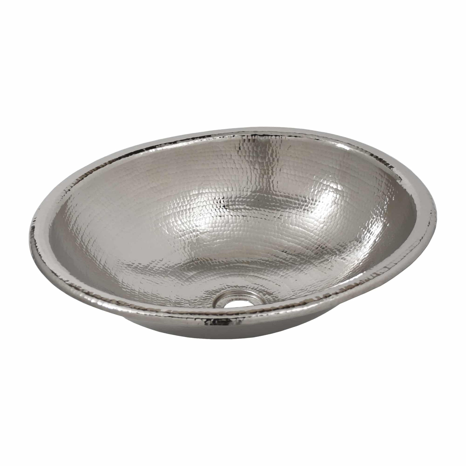 Polished nickel oval vessel sink with hammered texture and rolled rim edge.