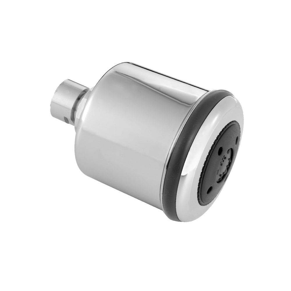 Cylindrical polished chrome shower head with dark gray accent rings and multiple spray ports on face.