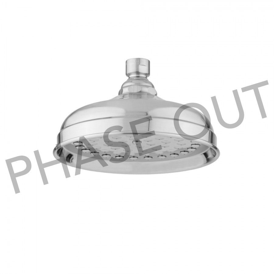 Polished chrome round rainfall showerhead with multiple spray ports and ceiling-mounted arm connection.