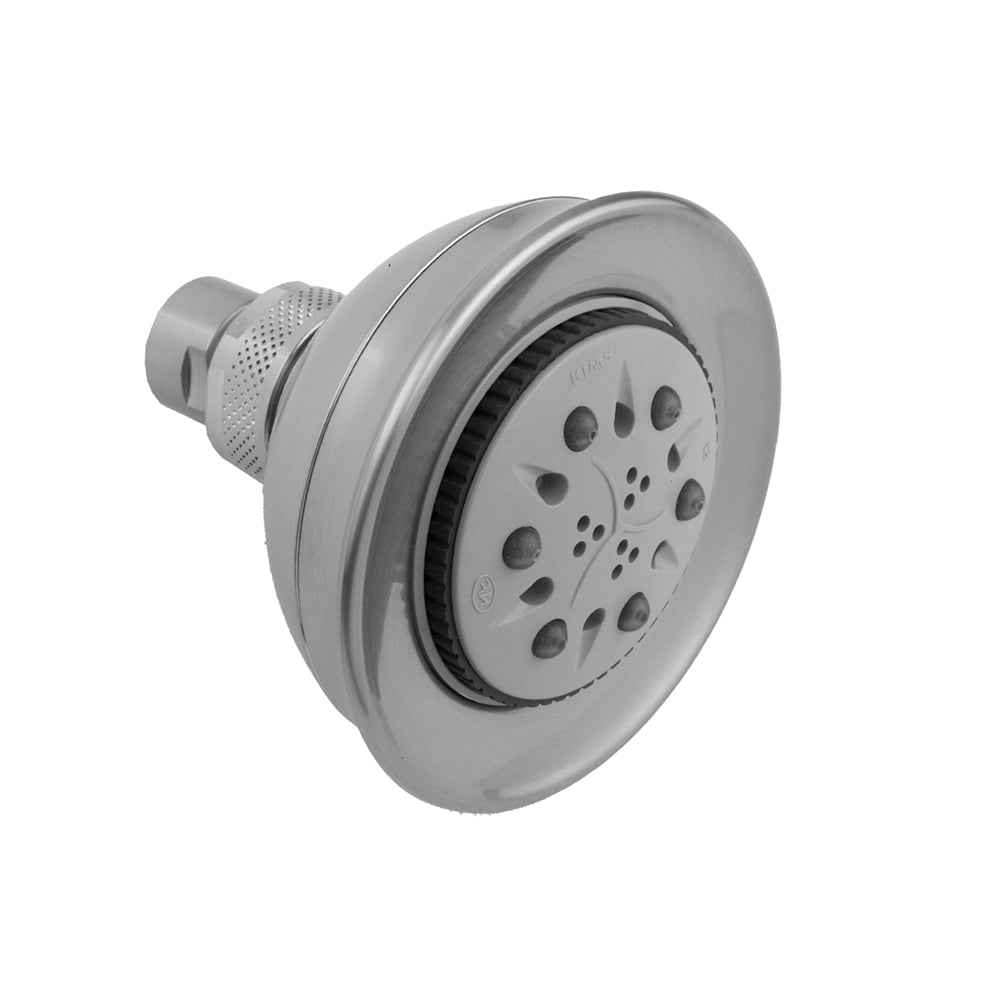Satin gold round shower head with multiple spray jets and wall-mounted connection fitting.
