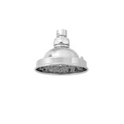 Polished chrome showerhead with round dome shape and adjustable spray nozzles, mounted on cylindrical connector.