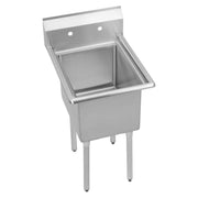 Stainless steel single-compartment commercial sink with backsplash, faucet holes, and four legs.