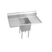 Stainless steel commercial sink with single center compartment and drainboards on both sides, supported by four stainless ste