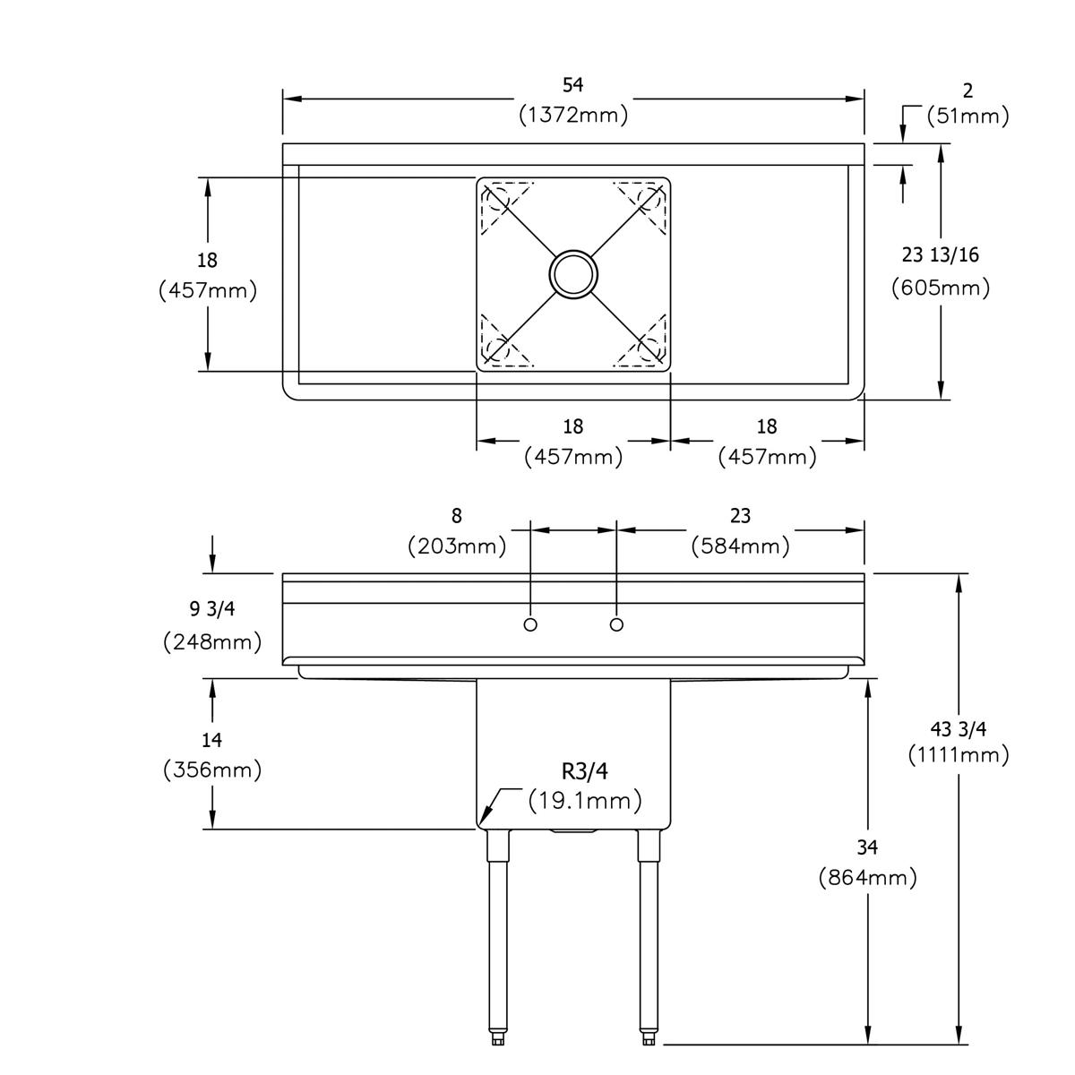 Stainless steel commercial sink with single compartment basin, two 18-inch drainboards on either side, and four stainless ste