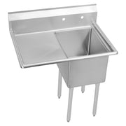 Stainless steel one-compartment sink with left drainboard and four legs.