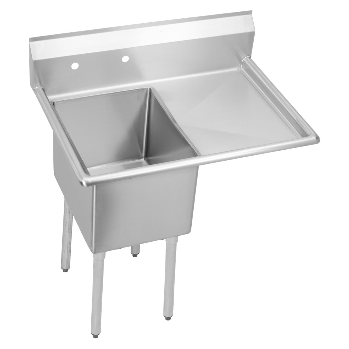 Stainless steel one-compartment sink with right drainboard and metal legs.