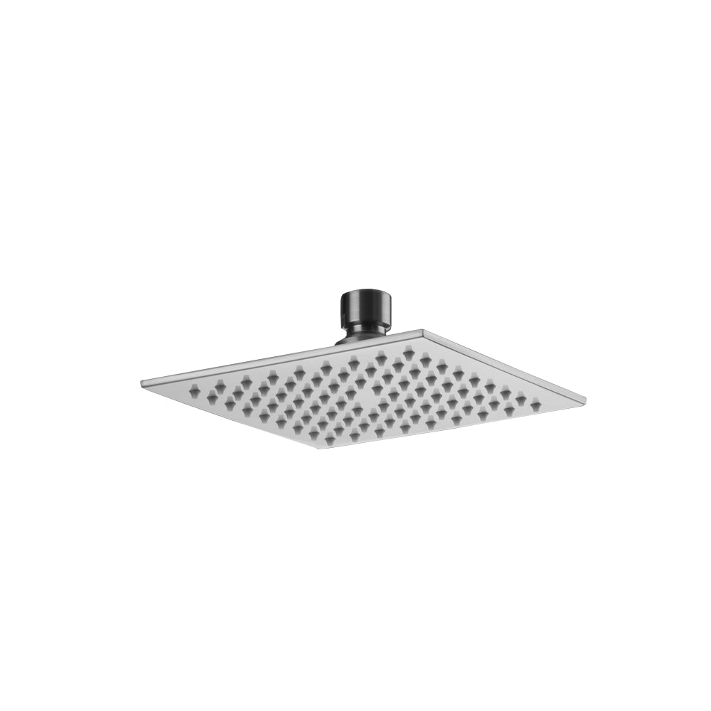 Square rain showerhead in caramel bronze with perforated spray pattern and threaded connector.
