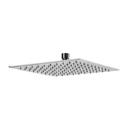 Square polished chrome shower head with evenly spaced spray nozzles and chrome connection arm.