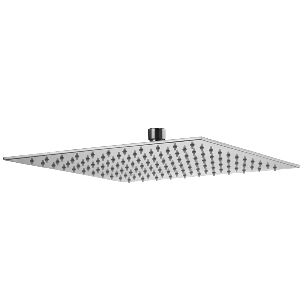 Matte black square shower head with multiple spray holes and chrome center connection fitting.