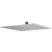 Square polished chrome shower head with evenly spaced water jets and center connection port.
