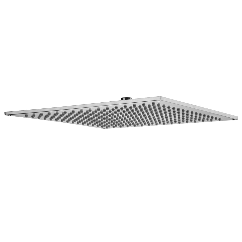 Polished nickel square rainfall shower head with multiple spray jets and flat surface design.