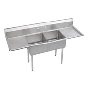 Stainless steel two-compartment sink with dual drainboards on left and right sides and four metal legs.