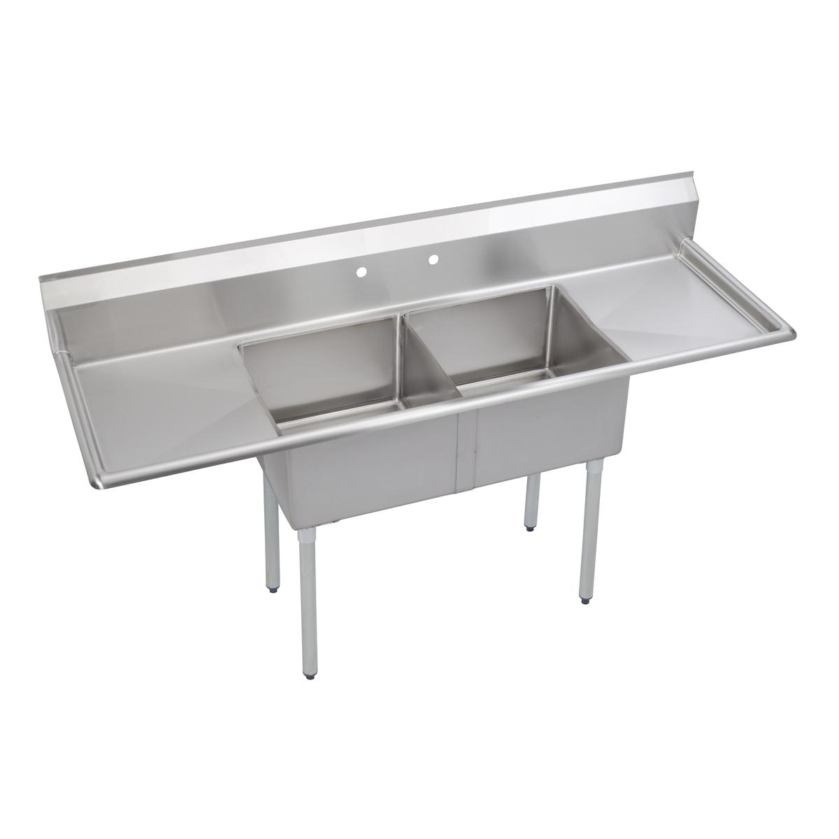 Stainless steel two-compartment sink with dual drainboards on left and right sides and four metal legs.