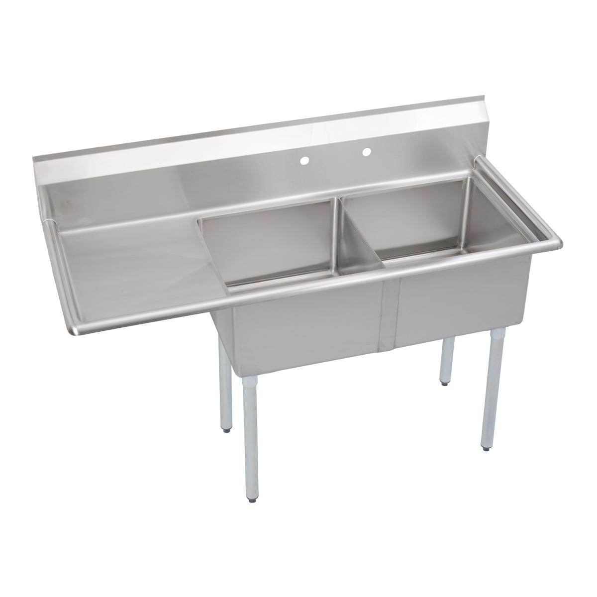 Stainless steel two-compartment sink with left drainboard and four metal legs.