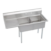 Stainless steel two-compartment sink with left drainboard and four metal legs.
