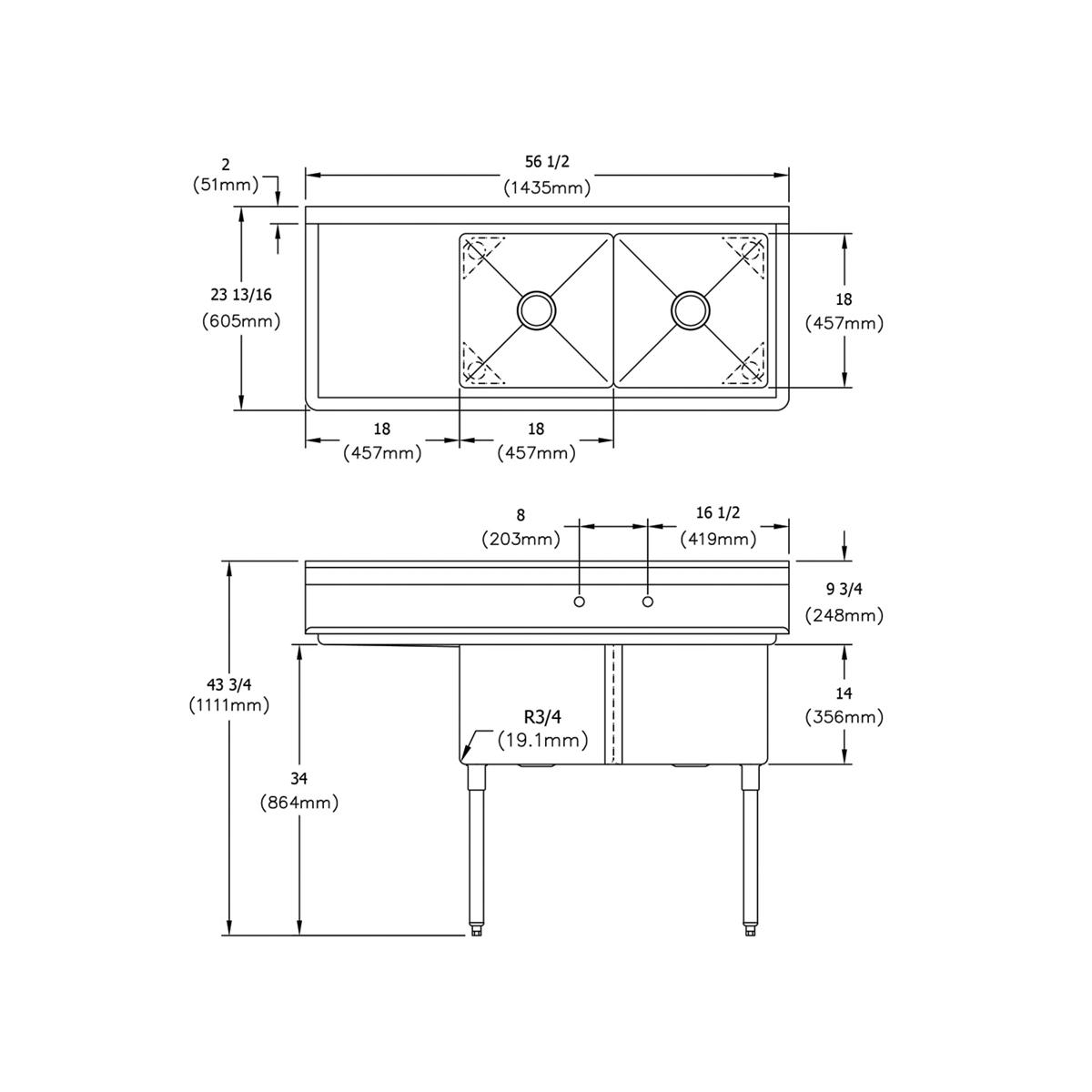 Stainless steel two-compartment sink with 18" left drainboard and four legs, shown in top and side technical views with dimen