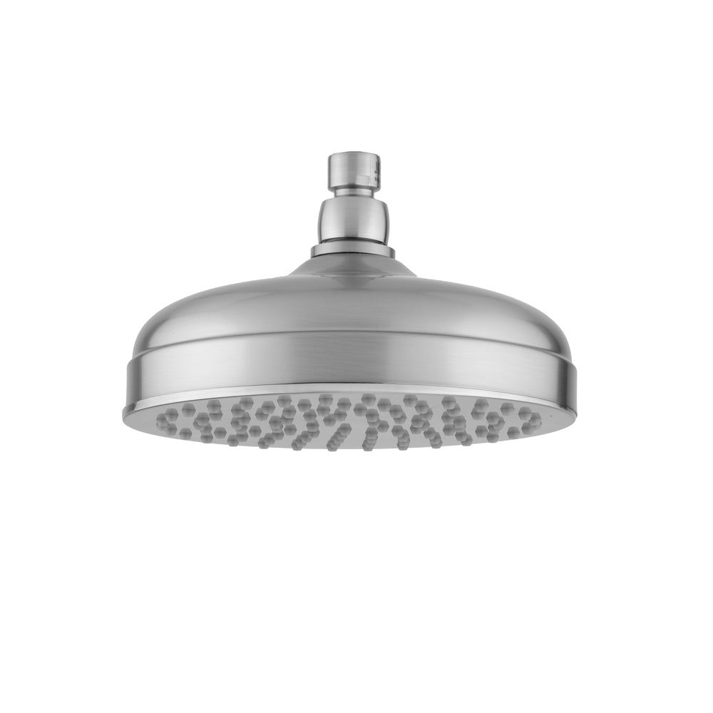 8-inch round brushed metal showerhead with multiple spray holes and threaded connection arm.