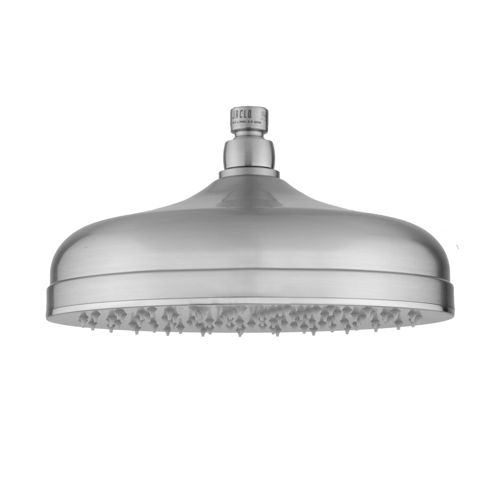 Satin nickel overhead shower head with 10-inch round face and multiple spray nozzles.