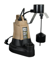 Liberty Pumps S37-P submersible sump pump with tan and black housing, discharge hose, float switch, and separate black backup