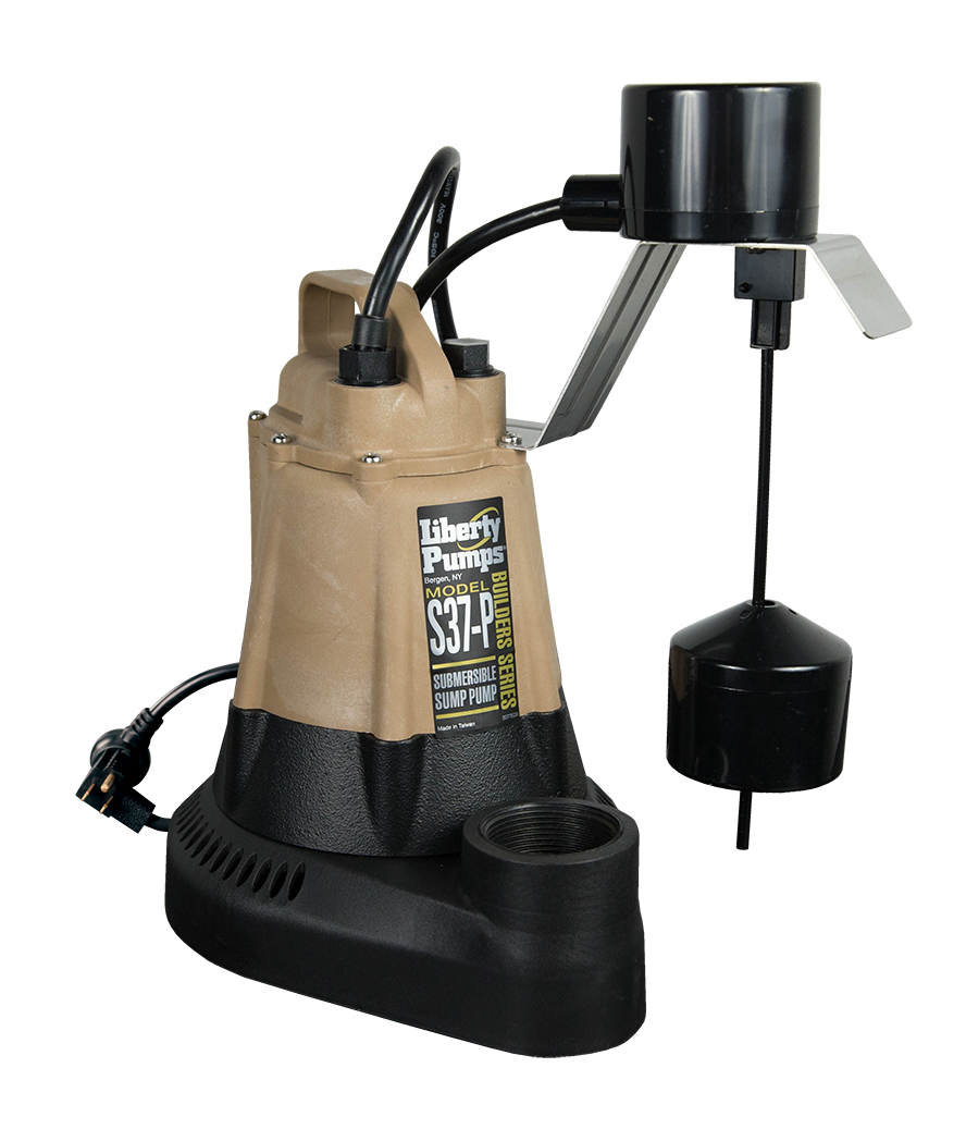 Liberty Pumps S37-P submersible sump pump with tan and black housing, discharge hose, float switch, and separate black backup