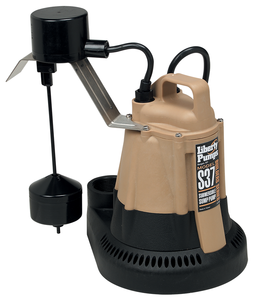 Tan and black Liberty Pumps S37 submersible sump pump with black float switch and alarm sensor mounted on stand.