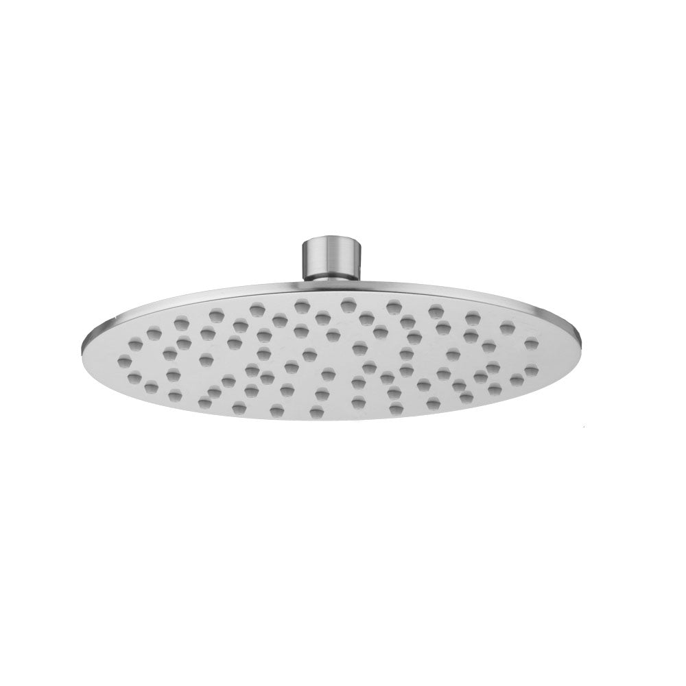 Polished chrome round shower head with multiple spray holes and cylindrical arm connector.