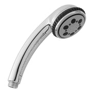 Polished chrome handheld showerhead with multiple spray jets and curved handle against white background.