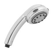 Satin nickel handshower with multiple spray jets and curved handle, featuring adjustable spray pattern control.